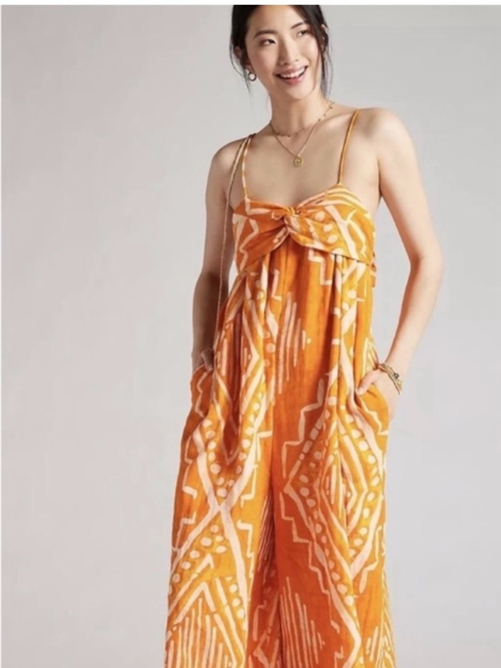 Anthropologie Pleated Wide-Leg Orange and Cream Jumpsuit - Size 8
